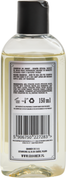 Tył przezroczystej butelki szamponu Groomen Wind 150ml z etykietą: skład, instrukcja, kod kreskowy.