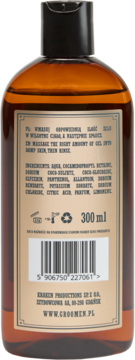 Tył brązowej butelki męskiego żelu pod prysznic Groomen Earth 300ml. Widoczne składniki i kod kreskowy.