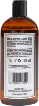 Tył brązowej butelki szamponu Groomen Wind 300ml, etykieta ze składnikami, kodem kreskowym i użyciem.