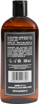 Tył butelki męskiego żelu Groomen Wind 300ml, brązowa, z czarną etykietą ze składnikami, kodem EAN i adresem producenta.