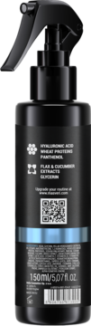 Czarna butelka sprayu do włosów z kwasem hialuronowym, proteinami pszenicy i niebieskim paskiem. Widok z tyłu, 150ml.