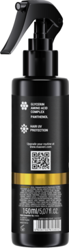 Tył czarnego sprayu do włosów 150ml z ochroną UV, składniki: gliceryna, pantenol. Widoczny kod QR i kreskowy.