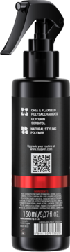 Tył czarnej butelki sprayu do stylizacji włosów z naturalnym polimerem. Widoczne składniki, kod QR i 150 ml.
