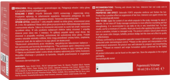 Tył czerwonego opakowania Seboradin FORTE ampułki na wypadanie włosów, z białym tekstem informacyjnym.