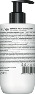 Tył białej butelki szamponu Tri.hee przeciwłupieżowego 250ml z czarną pompką, widoczne szczegóły składu.