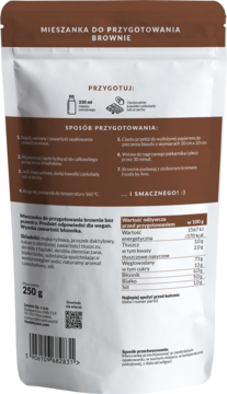 Tył białej torebki Mieszanki do przygotowania brownie, z instrukcją, składem i tabelą wartości odżywczych.