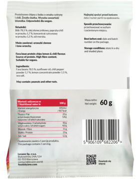 Tył opakowania chrupek proteinowych z fasoli o smaku cytryny i chili, z tabelą wartości odżywczych, 60g.