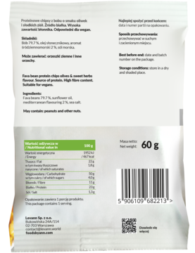 Tył opakowania chipsów proteinowych Levann, 60g, z tabelą wartości odżywczych i kodem kreskowym na białym tle.
