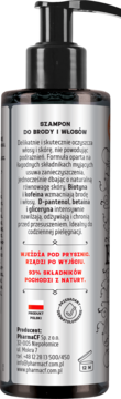 Tył srebrnej butelki szamponu do brody i włosów z czarną pompką. Polska etykieta, 93% składników z natury.