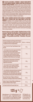 Tył opakowania bezglutenowych ciasteczek kakaowych z waniliowym kremem, bez cukru, z tabelą wartości odżywczych.