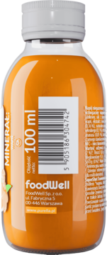 Tył pomarańczowego shota foodWell MINERAL: 100ml z białą etykietą, kodem kreskowym i danymi producenta.