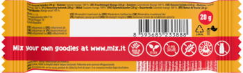 Tył opakowania batona Mixit z mango 20g. Ikony: wegańskie, bez glutenu, bez cukru. Widoczny kod kreskowy i adres www.