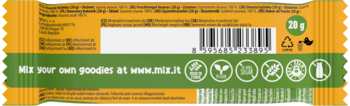Tył opakowania Mixitki batonika owocowego 20g. Zielono-pomarańczowy, z suszonym ananasem, wegański, bez cukru.