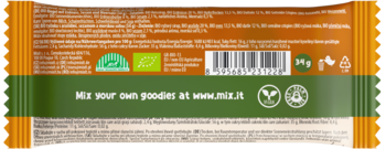 Tył opakowania batonika Action BIO Mixit orzechowego. Pomarańczowo-zielony, z kodem kreskowym, wagą 24g, certyfikatami BIO i wegańskim.