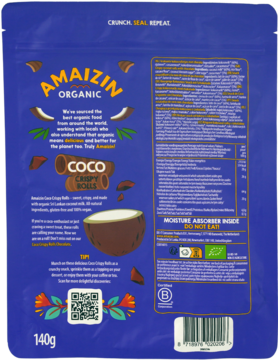 Tył niebieskiego opakowania Amaizin Coco Crispy Rolls 140g z informacjami o składnikach, certyfikatami organicznymi.