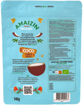 Tył niebieskiej torebki Amaizin Organic Coco Crispy Rolls ze składem, wartościami odżywczymi i kodem kreskowym.