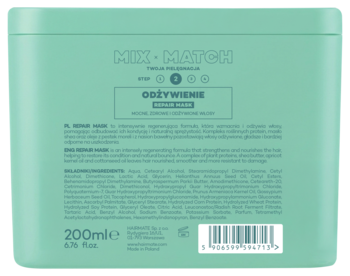 Tył miętowego opakowania maski do włosów MIX+MATCH REPAIR MASK 200ml, opis i lista składników.