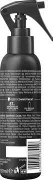 Tył czarnego sprayu Gliss do włosów zniszczonych, z technologią micro-repair bonding, składniki i 20% plastiku z recyklingu.