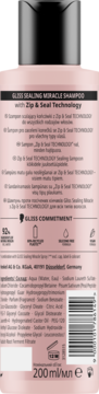 Tył różowego szamponu GLOSS SEALING MIRACLE z Zip & Seal Technology, widoczne składniki i kod kreskowy.