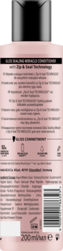 Tył różowej butelki odżywki GLISS SEALING MIRACLE z Zip & Seal Technology, z listą składników i ikonami.