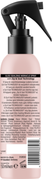Tył różowego Gliss Sealing Miracle Spray 150ml z Zip & Seal Technology, widoczne składniki i kod kreskowy.