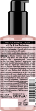 Tył butelki Gliss Sealing Miracle Fluid z pompką, widoczne składniki i technologia Zip & Seal.