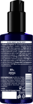Tył butelki Gliss Night Nutri Mist 100ml. Ciemnoniebieska butelka z czarnym atomizerem, widoczne etykiety z opisem i składem.