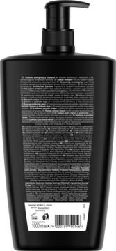 Tył czarnej butelki szamponu Syoss Intense Keratin z pompką. Widoczna etykieta ze składnikami i kodem kreskowym.