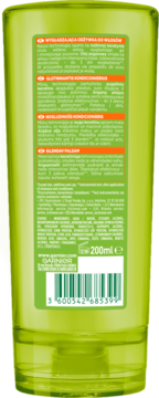 Zielona butelka odżywki Garnier, tył, etykieta z wielojęzycznym opisem, listą składników 200ml i kodem kreskowym.