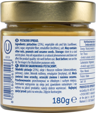 Tył słoiczka kremu pistacjowego OraSi 180g z etykietą, widoczne składniki i wartości odżywcze.