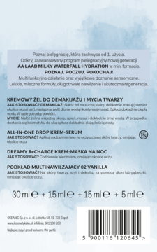 Tył opakowania zestawu AA LAAB Milky Waterfall Hydration mini, ukazujący 4 produkty z opisem i kodem kreskowym.