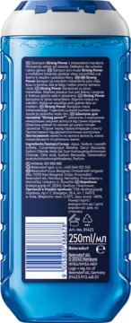 Tył niebieskiego szamponu NIVEA MEN Strong Power z minerałami morskimi, widoczne etykiety i kod. Na włosy słabe.