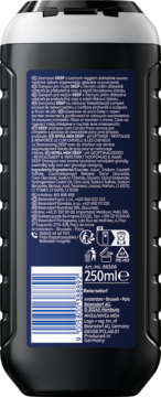 Tył czarnej butelki szamponu NIVEA MEN Deep 250ml, widoczne etykiety z listą składników i kodem kreskowym.