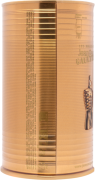 Złota, cylindryczna puszka perfum Jean Paul Gaultier Le Male Elixir Absolu z poziomymi rowkami i ikoną torsu, widok z boku.
