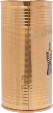 Złota, karbowana puszka perfum Jean Paul Gaultier Le Male Elixir Absolu dla mężczyzn, widok z boku, z tłoczonym logo.