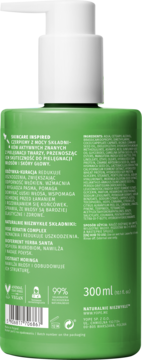 Tył zielonej butelki odżywki do włosów Naturalnie Kosmetyki 300ml z białą pompką, widoczne 99% naturalnych składników.