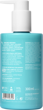 Tył turkusowej butelki odżywki do włosów NATURALNIE WIĘCEJ 300ml z białą pompką i informacjami o składzie.