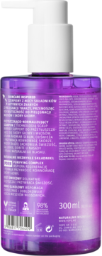 Tył fioletowego, oczyszczająco-normalizującego szamponu do skóry głowy 300ml, z białą pompką i tekstem.