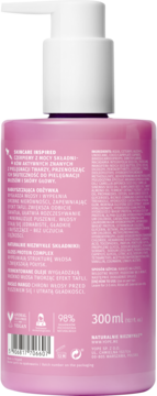 Tył różowej butelki z pompką, odżywka do włosów, widoczne szczegóły składu i pojemność 300ml.