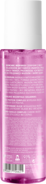Tył opakowania różowej mgiełki nabłyszczającej do włosów TREAT my hair z białym korkiem, widoczne napisy i kod EAN.