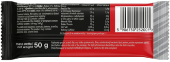 Tył opakowania czarno-czerwonego batona energetycznego z tabelą wartości odżywczych, wagą 50g i kodem kreskowym.