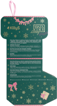 KillyS Santa Claus zestaw prezentowy w zielono-złotej skarpecie, tył opakowania z opisem maski i akcesoriów.