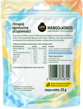 Tył przezroczystej torebki LEO Mango & Kokos 25g, liofilizowana przekąska, z polskim opisem i wartościami odżywczymi.