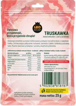 Tył różowego opakowania LEO Truskawka Owochmurki liofilizowane 25g, z tabelą wartości odżywczych.