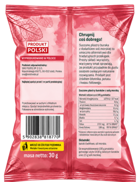 Tył różowo-czerwonego opakowania suszonych plastrów buraka 30g z etykietami, tabelą wartości odżywczych, kodem kreskowym.