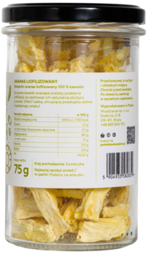 Tył szklanego słoika z chrupiącymi kawałkami ananasa liofilizowanego 75g, z etykietą i danymi.