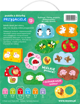 Tył zielonego opakowania Czuczu PRZYJACIELE, dwuelementowe puzzle z dziurką dla dzieci, motywy zwierzęce, kółka do dopasowania.