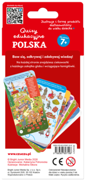 Czerwony tył opakowania Quizów edukacyjnych POLSKA dla 7+. Widoczne kolorowe karty z ilustracjami i tekst promocyjny.