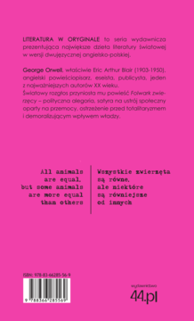 Różowy tył okładki książki George'a Orwella Folwark Zwierzęcy z cytatem po angielsku i polsku, widoczny kod ISBN.