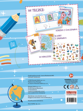 Tył opakowania Elementarza 3, zestaw edukacyjny dla dzieci, z zawartością (książka, karty, naklejki) i danymi wydawcy.